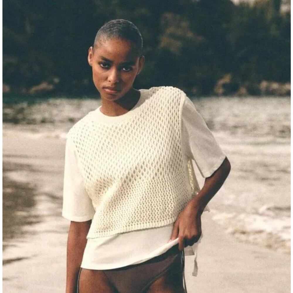 Zara White Tricot Vest T-Shirt sz S